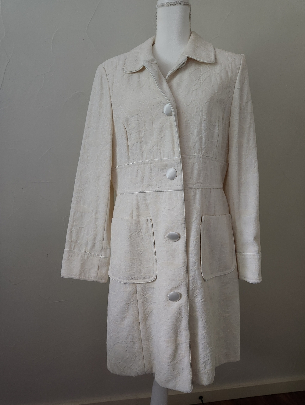 Nine & Co. Cream Textured Long Coat with Patch Pockets